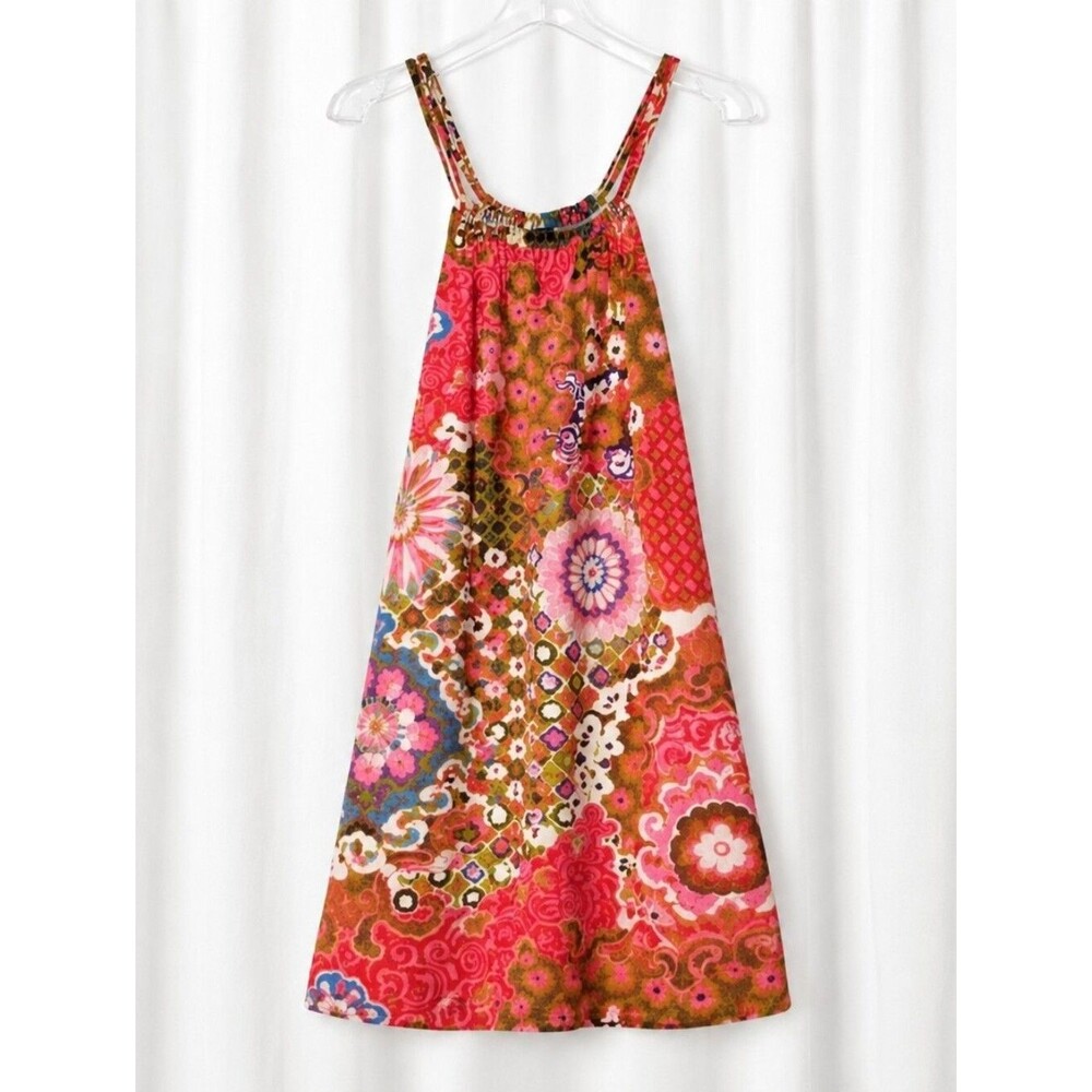 J. Crew Multicolor Orange Pink Geometric Floral Boho Strappy Trapeze Sundress
